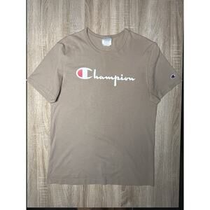 Champion T-Shirt Tan Brown Retro Spell Out Graphic Cotton Short Sleeve Mens L